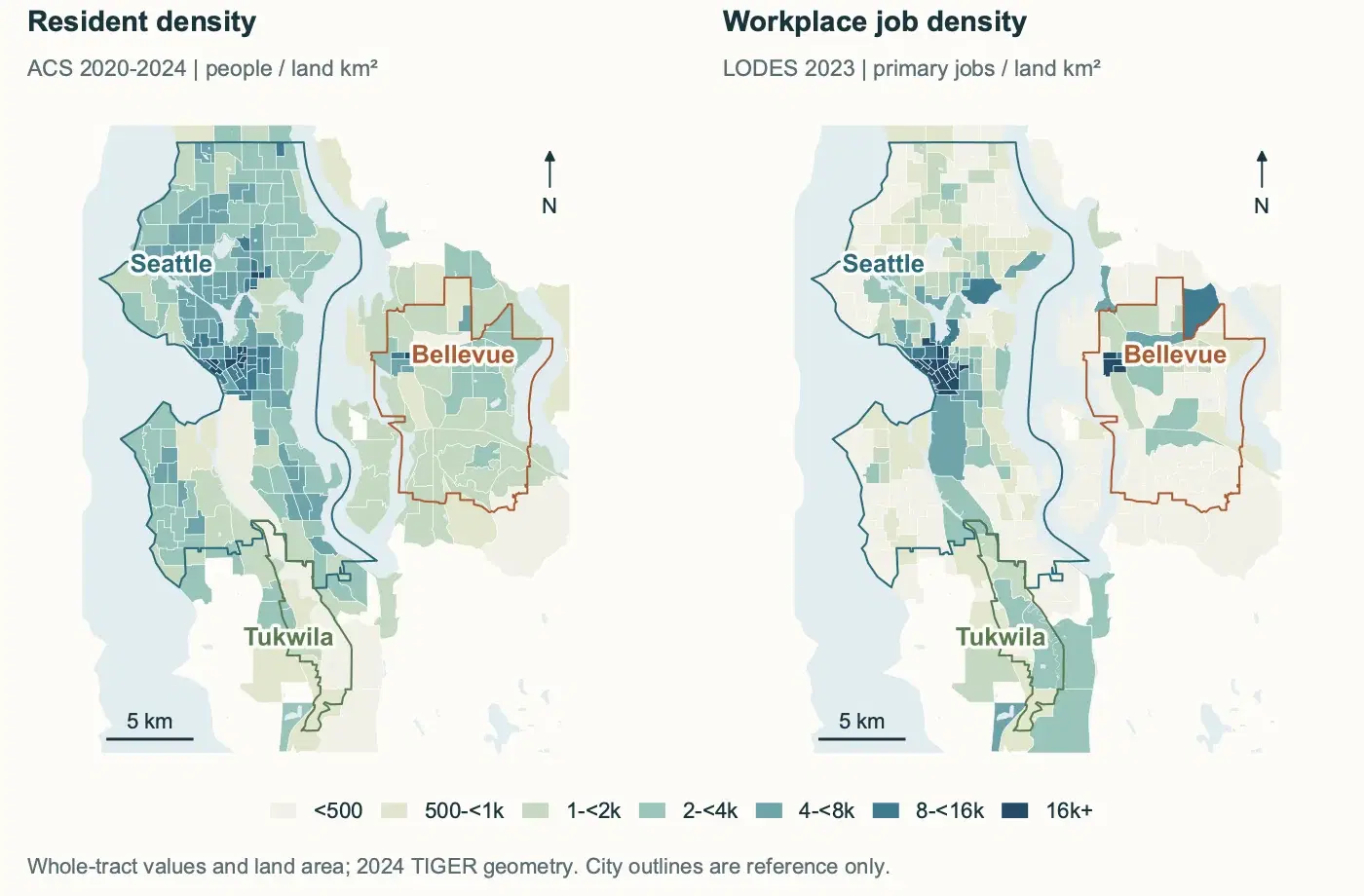 Published maps comparing resident density and workplace primary job density in Seattle, Bellevue and Tukwila.